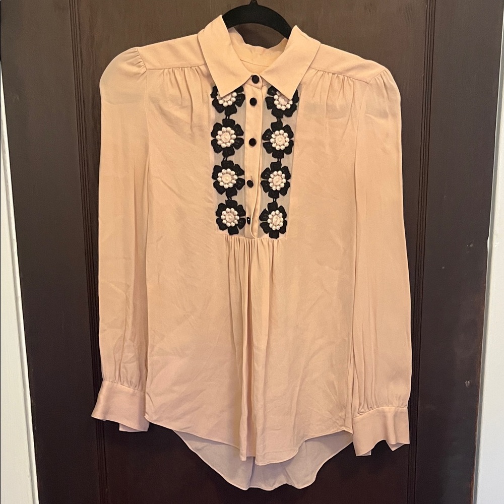 Kate Spade Blush Blouse with Black Floral Accents